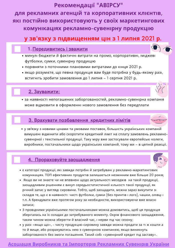 Асоціація «АВІРСУ» інформує про підвищення цін на рекламно-сувенірну продукцію з 1 липня